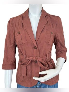 Anthropologie Cartonnier Rust Brick Silk Blend Belted Casual Blazer Jacket Sz 2